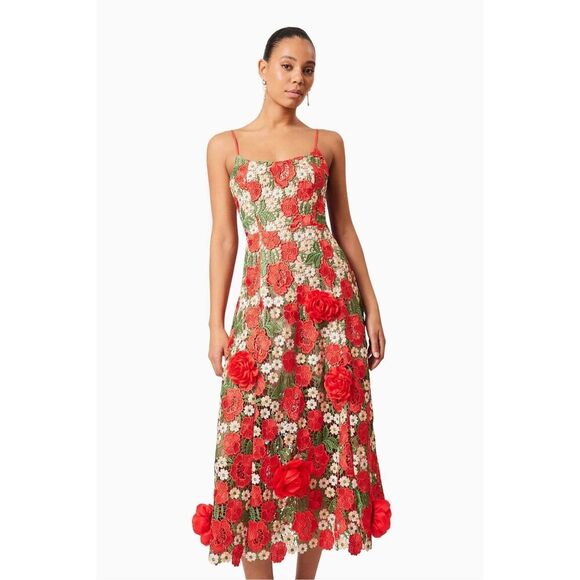 Elliatt Roselyn Embroidered Midi Dress Red wedding  birthday Vibe size S NWT$580 - Picture 2 of 7